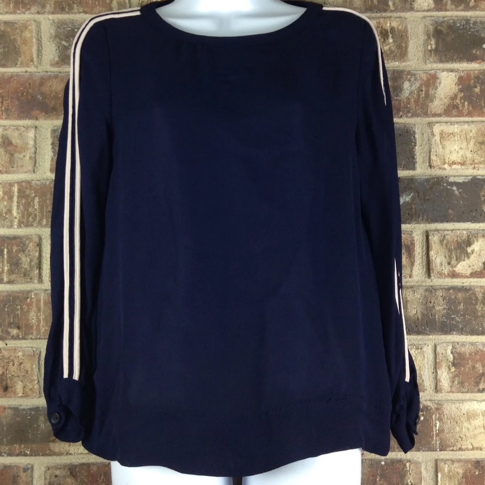 J. Crew Navy Off White Double Striped Long Sleeve Semi Sheer Blouse Top